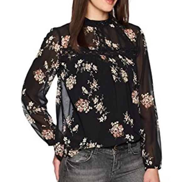 Lucky Brand black sheer floral mock neck blouse Dark romantic blouse Fancy top - Picture 4 of 9